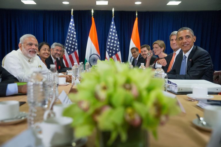 President Obama, right, and Indian Prime Minister Narendra Modi, left, sit together in a bilateral meeting, Monday, Sept. 28, 2015, at United Nations headquarters. (AP Photo/Andrew Harnik)