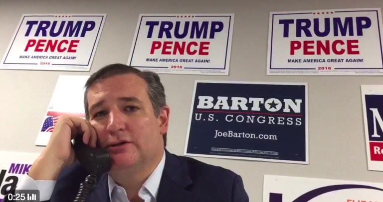 After video emerged of Ted Cruz sitting in front of the signs, the Texas senator was roundly mocked and criticized on social media. (Screenshot)