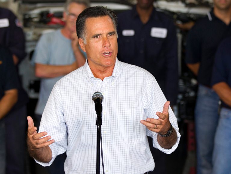 Republican presidential candidate, former Massachusetts Gov. Mitt Romney, talks about jobs during a campaign stop at Middlesex Truck and Coach on Thursday, July 19, 2012, in Roxbury, Mass.  (AP Photo/Evan Vucci)