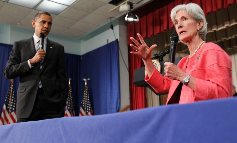   FILE - In this June 8, 2010 file photo, President Barack Obama listens as Health and Human Services Secretary Kathleen Sebelius speaks in Wheaton, Md. About half the people who now buy their own health insurance_ and potentially face higher premiums next year under President Barack Obamaâs health care law_ would qualify for federal tax credits to offset rate shock, according to a new private study. Many others, however, earn too much money to be eligible for help, and could end up paying more. (AP Photo/Alex Brandon, File)  