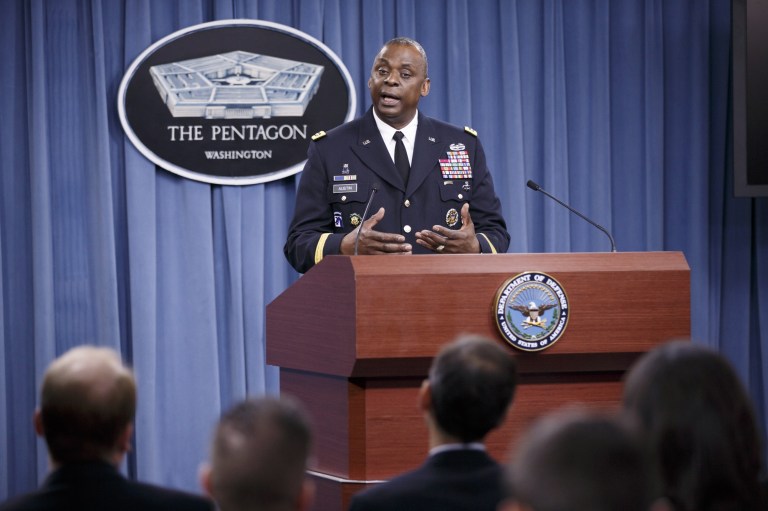 Army Gen. Lloyd J. Austin III, commander of U.S. Central Command, updates reporters at the Pentagon about the military campaign against Islamic State militants in Iraq, Friday, Oct. 17, 2014. The top U.S. commander for the Middle East says fighting over the Syrian border town of Kobani has allowed the U.S.- led coalition to take out large numbers of Islamic State group fighters that have been pouring in.   (AP Photo/J. Scott Applewhite)