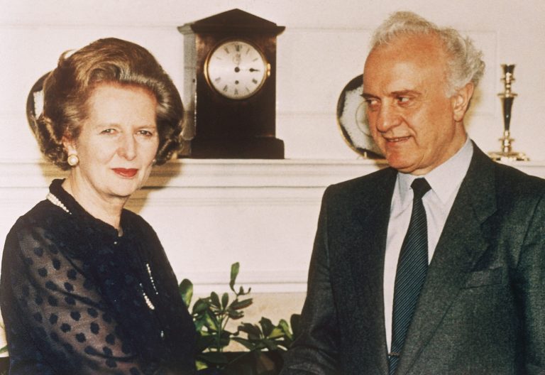 FILE - In this Monday, July 14, 1986 file photo, British Prime Minister Margaret Thatcher welcomes Soviet Foreign Minister Eduard Shevardnadze on his arrival for talks at her 10 Downing Street residence in London. Eduard Shevardnadze, a groundbreaking Soviet foreign minister and later the president of an independent Georgia, died Monday, July 7, 2014, at the age of 86 after a long illness, his spokeswoman said. (AP Photo/ file)