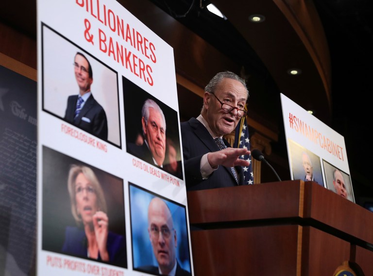 Senate Minority Leader Charles Schumer of N.Y., speaks during a news conference on Capitol Hill in Washington, Thursday, Jan. 19, 2017, about President-elect Donald Trump's Cabinet nominees. (AP Photo/Manuel Balce Ceneta)