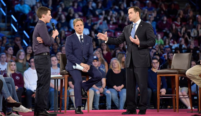 Marjory Stoneman Douglas High School student Cameron Kasky asks a question to Sen. Marco Rubio during a CNN town hall meeting. (Michael Laughlin/South Florida Sun-Sentinel via AP)