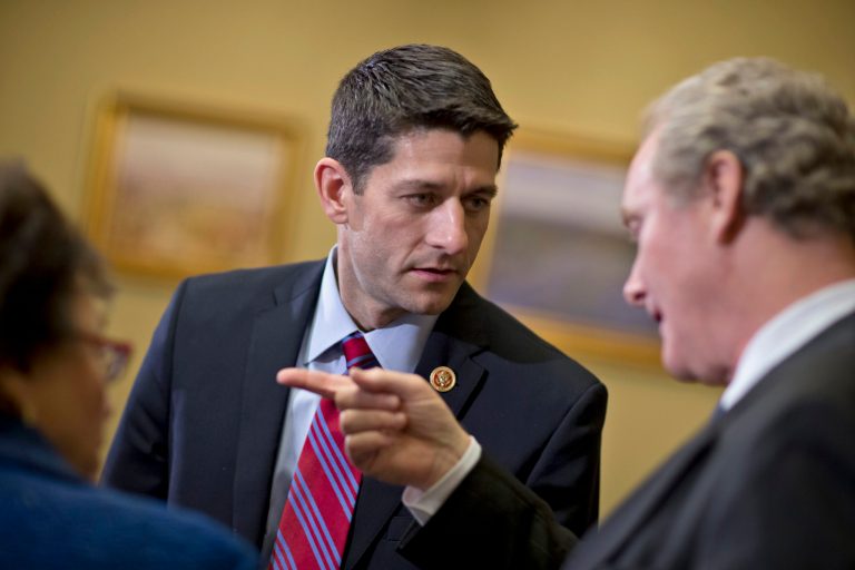 House Budget Committee Chairman Rep. Paul Ryan, R-Wis., center, speaks with Rep. Chris Van Hollen, D-Md., right, the ranking Democrat on the House Budget Committee, and Rep. Nita Lowey, D-N.Y., the ranking Democrat on the House Appropriations Committee, as they go before the House Rules Committee to advance the budget compromise struck last night by Ryan and Senate Budget Committee Chair Sen. Patty Murray, D-Wash., Wednesday, Dec. 11, 2013, on Capitol Hill in Washington. The plan is seen as a way to stabilize Congress' erratic fiscal efforts, avert another government shutdown and mute some of the partisan rancor that has damaged Americans' attitudes about their lawmakers.  (AP Photo/J. Scott Applewhite)