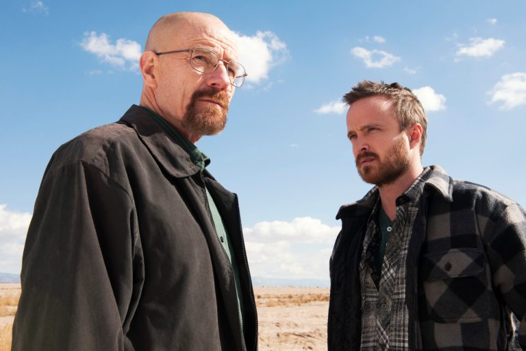 This image released by AMC shows Bryan Cranston as Walter White, left, and Aaron Paul as Jesse Pinkman in a scene from 