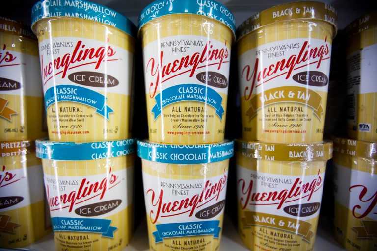 Shown are cartons of Yuengling ice-cream at a Weis supermarket, Monday, Feb. 10, 2014, in Huntingdon Valley, Pa. Yuengling's Ice Cream is back after an absence of nearly 30 years, available at hundreds of stores in Pennsylvania, Virginia, Maryland, West Virginia, Delaware and New Jersey.  (AP Photo/Matt Rourke)