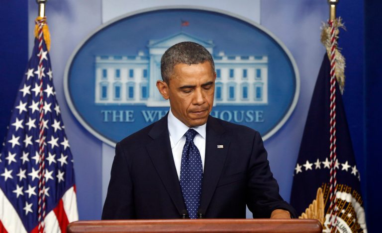 President Barack Obama pauses as he begins to speak in the James Brady Press Briefing Room at the White House in Washington, Monday, April 15, 2013, following the explosions at the Boston Marathon. (AP Photo/Charles Dharapak)