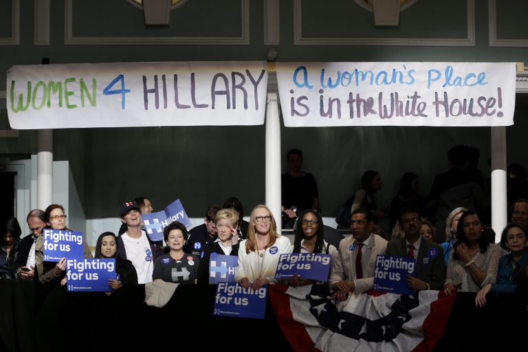 Supporters of democratic presidential candidate Hillary Clinton cheer during a Women for Hillary event in New York, Monday, April 18, 2016. (AP Photo/Seth Wenig)