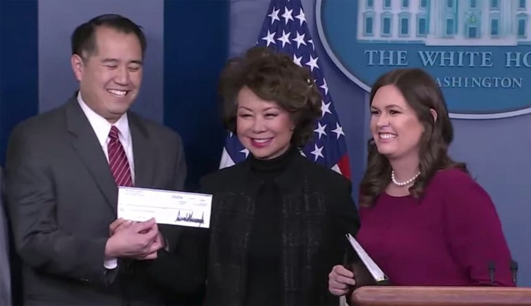 The president's salary from the last quarter will go toward InfraGrant, a program that prioritizes grants for state and local projects, Transportation Secretary Elaine Chao told reporters at the White House on Tuesday. (White House)