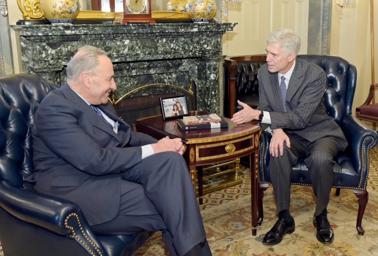Senate Minority Leader Charles Schumer meets with Supreme Court nominee Neil Gorsuch on Capitol Hill on Feb. 7. Gorsuch will next have an opportunity to influence fence-sitting senators at the hearings. (AP Photo/Susan Walsh)