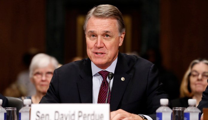 A Google search for Sen. David Perdue, R-Ga., earlier Tuesday morning referred to Perdue as a "lying, unscrupulous politician." The phrase has since been removed. (AP Photo/Alex Brandon)