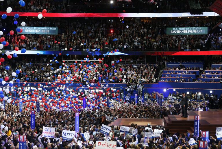 Former Massachusetts Gov. Mitt Romney and Rep. Paul Ryan wave on stage after accepting the nomination during the final day of the Republican National Convention at the Tampa Bay Times Forum on Aug. 30, 2012 in Tampa, Florida. (Photo by Scott Olson/Getty images)