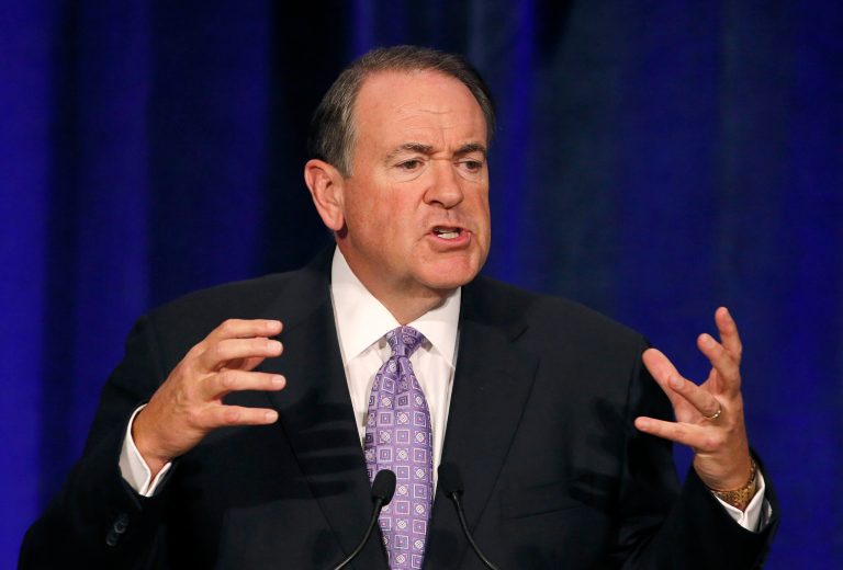 Republican presidential candidate and former Arkansas Gov. Mike Huckabee speaks at the Republican National Committee spring meeting Friday, May 15, 2015, in Scottsdale, Ariz. (AP Photo/Ross D. Franklin)