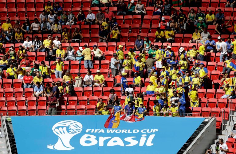 Ecuador fans sit between unoccupied seats during the group E World Cup soccer match between Switzerland and Ecuador at the Estadio Nacional in Brasilia, Brazil, Sunday, June 15, 2014.  (AP Photo/Themba Hadebe)