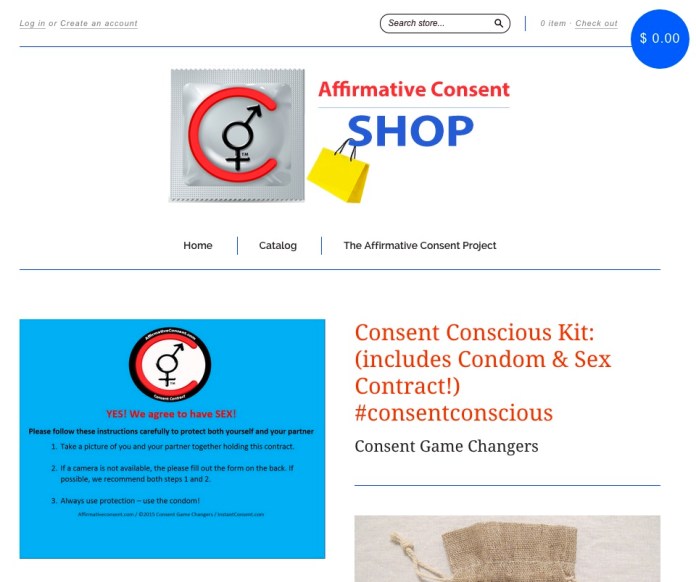 The contract comes as part of a "Consent Conscious Kit," which also includes a pen (to sign the contract, duh), breath mints and a condom. The kit comes in either a canvas or faux suede bag with the group's logo -- the male and female gender symbols combined at the circle. (Image courtesy screenshot)
