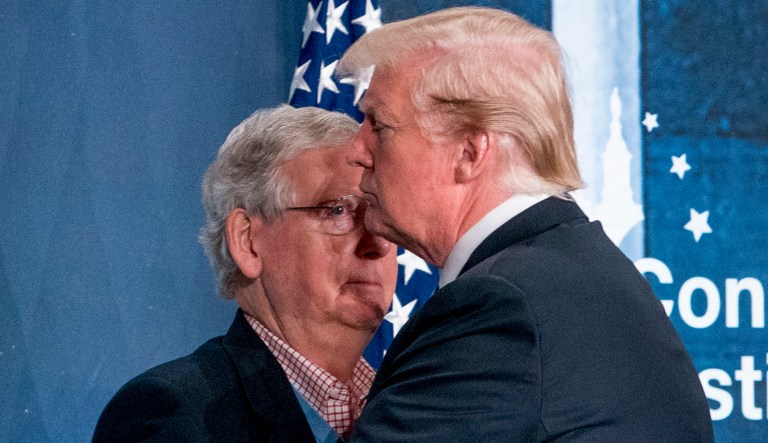 Senate Majority Leader Mitch McConnell of Ky., has urged President Trump not to shake up his senior level staff in the wake of the domestic violence scandal involving the White House staff secretary. (AP Photo/Andrew Harnik)