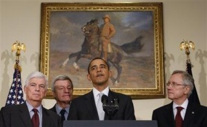 President Barack Obama discusses the failure of a single-payer based health care reform proposal after meeting with Senators, Tuesday, Dec. 15, 2009, at the White House in Washington. From left are, Senate Banking Committee Chairman Sen. Christopher Dodd, D-Conn.; Senate Finance Committee Chairman Sen. Max Baucus, D-Mont.; the president; and Senate Majority Leader Harry Reid of Nev. (AP Photo/Charles Dharapak)
