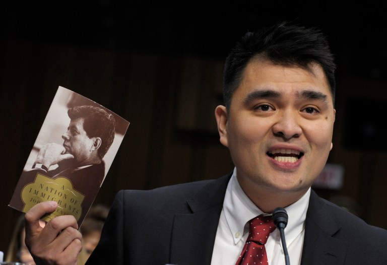 In this Feb. 13, 2013 file photo, Pulitzer Prize-winning journalist, immigration rights activist and self-declared undocumented immigrant Jose Antonio Vargas testifies on Capitol Hill in Washington, before the Senate Judiciary Committee hearing on comprehensive immigration reform. (AP/Susan Walsh)