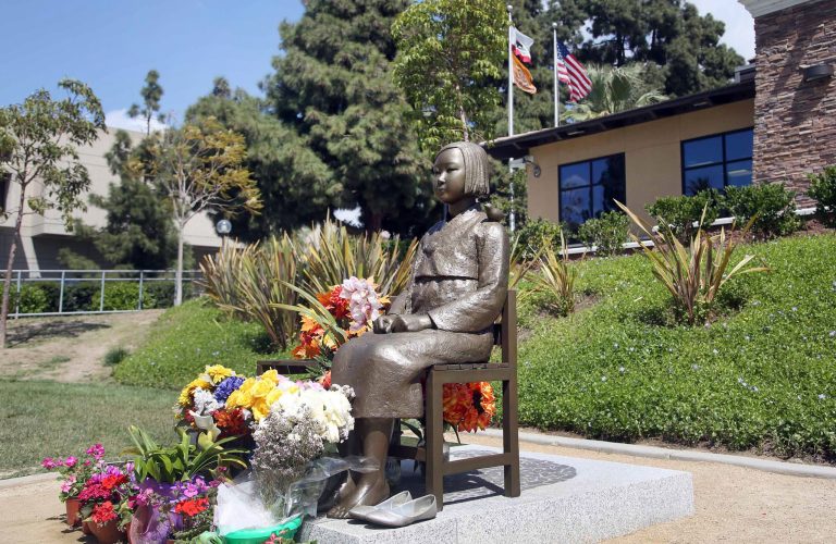 A bronze statue of a young Korean girl in Central Park in Glendale, Calif. to honor so-called 
