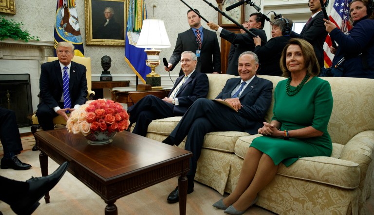 President Donald Trump meets with, from left, Senate Majority Leader Mitch McConnell, R-Ky., Senate Minority Leader Chuck Schumer, D-N.Y., and House Minority Leader Nancy Pelosi, D-Calif., and other Congressional leaders in the Oval Office of the White House, Wednesday, Sept. 6, 2017, in Washington. (AP Photo/Evan Vucci)