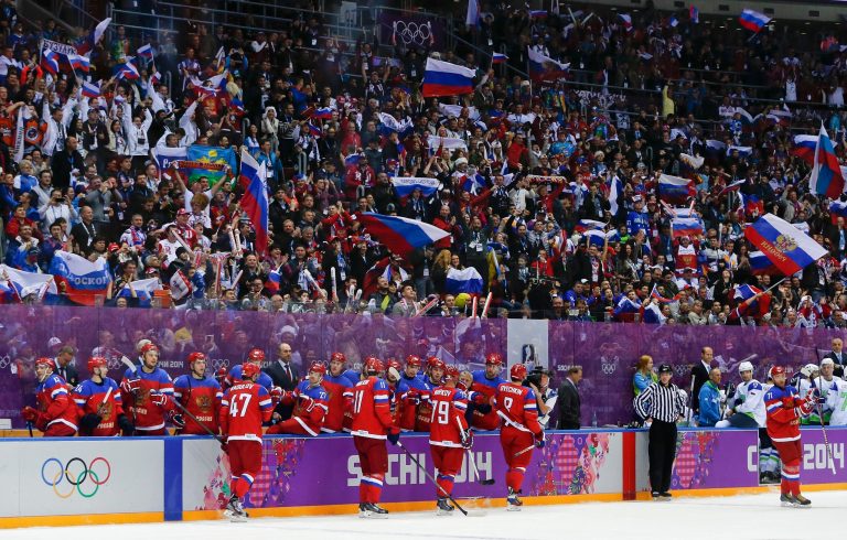 Fans cheer a goal by the team Russia against Slovenia in the second period of a men's ice hockey game at the 2014 Winter Olympics, Thursday, Feb. 13, 2014, in Sochi, Russia. (AP Photo/Julio Cortez)