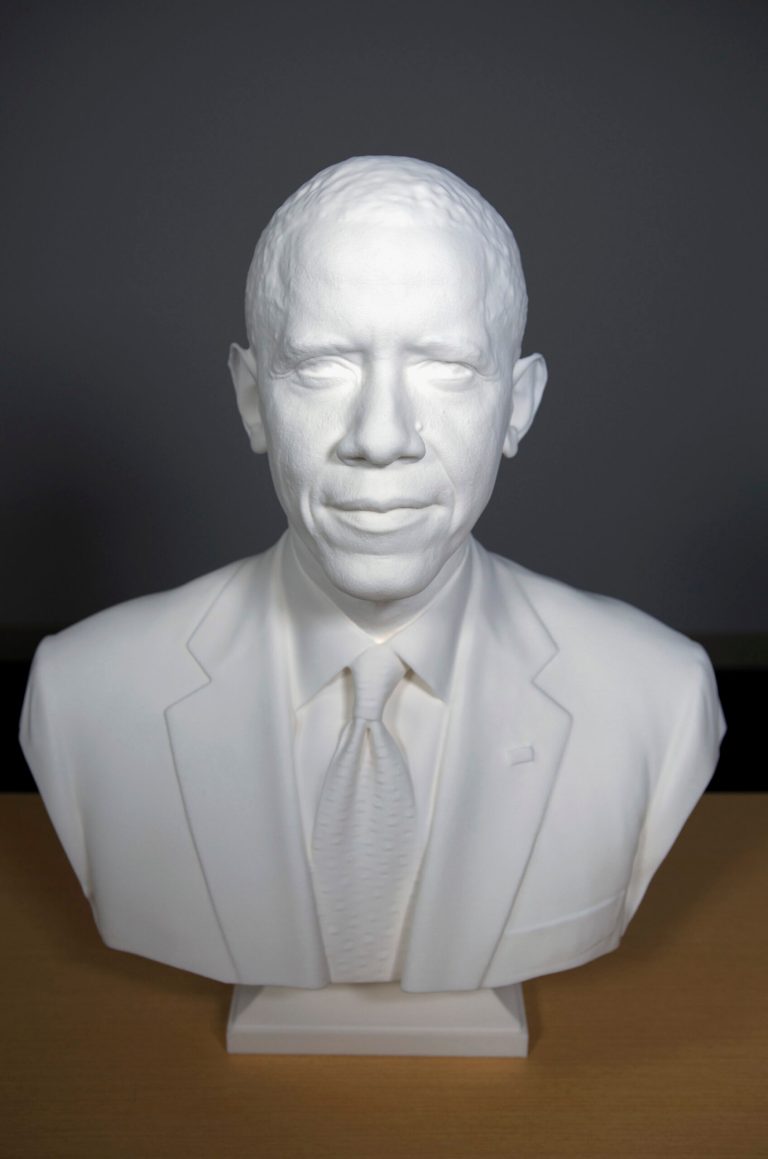 This undated handout image provided by the Smithsonian Institution shows  the first presidential portrait created from 3-D scan data. A team at the Smithsonian Institution has created the first 3D presidential portraits to depict President Barack Obama in the National Portrait Gallery collection. Digital imaging specialists have created a 3D printed bust and life mask of Obama. Both were shown for the first time Wednesday at the first ever White House Maker Faire with a gathering of inventors and students. (AP Photo/Smithsonian Institution)