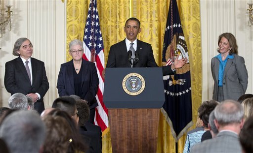 President Barack Obama announced Monday that he will nominate, from left, MIT physics professor Ernest Moniz for Energy Secretary, Gina McCarthy to head the EPA; and Walmart Foundation President Sylvia Mathews Burwell to head the Budget Office. (AP Photo/Carolyn Kaster)