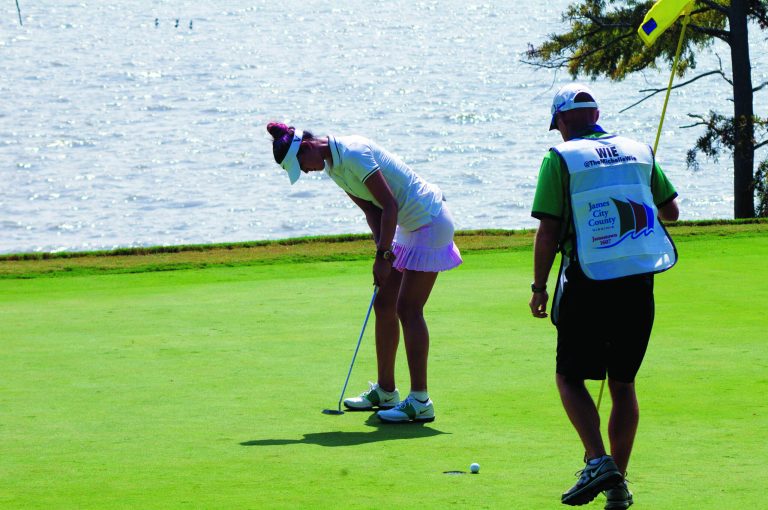 Kevin Dunleavy/The Washington Examiner
Michelle Wie worked on her putting at the signature 17th hole at Kingsmill, which runs along the James River,  the day before the Kingsmill Championship tees off Thursday.
