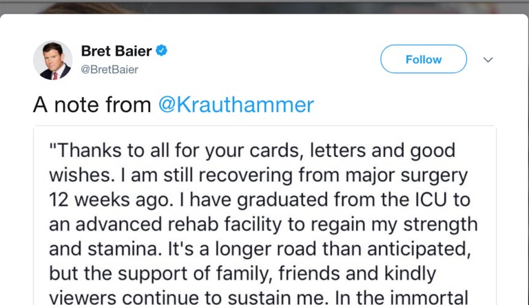 Charles Krauthammer, a noted conservative columnist, said in a statement that he is 