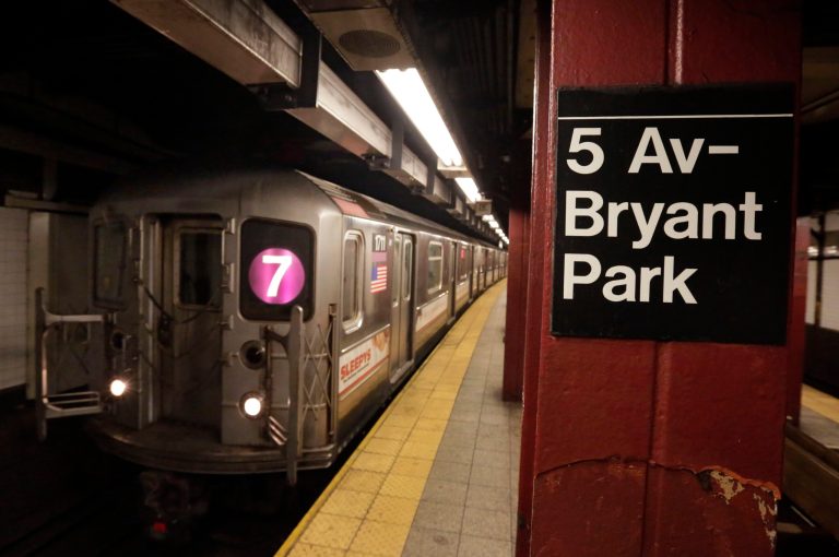 A No. 7 New York City subway train arrives in the 5th Avenue-Bryant Park station last year. (AP file)