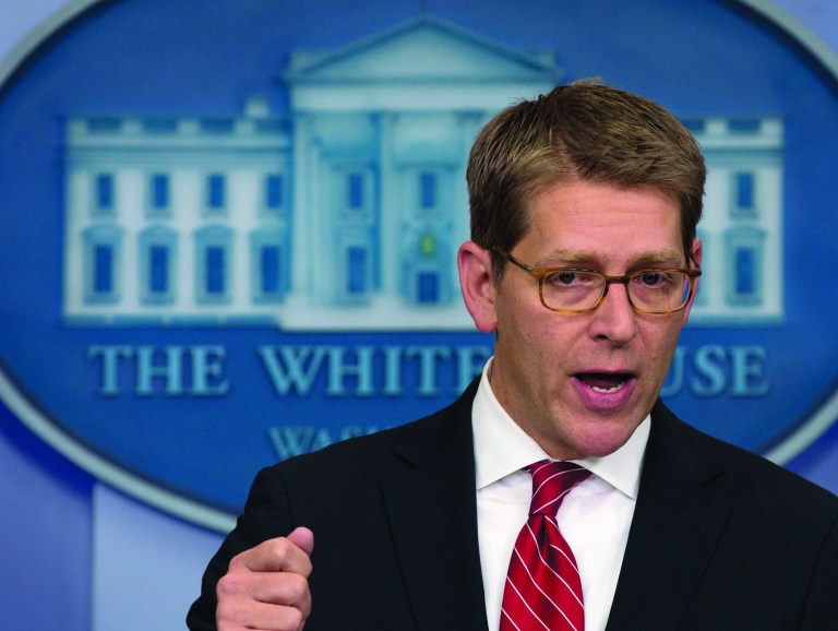 White House press secretary Jay Carney gesture as he speaks during his daily news briefing at the White House in Washington, Wednesday, Jan. 23, 2013. (AP Photo/Carolyn Kaster)