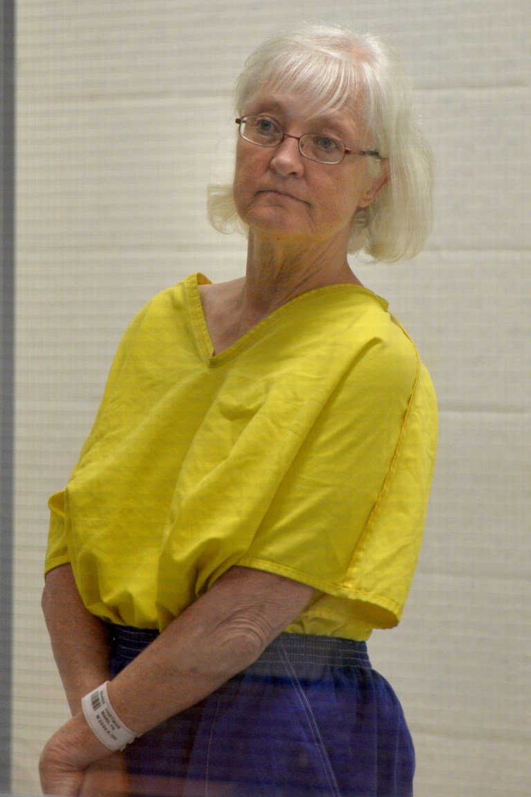 Marilyn Jean Hartman appears in court Wednesday afternoon, Aug. 13, 2014, in the airport courthouse in Los Angeles. A woman who authorities say flew from San Jose to Southern California without a ticket was sentenced to 177 days in jail Wednesday after acknowledging that she violated her probation by returning to the Los Angeles airport. Hartman, 62, was found wandering through airport terminals after a judge ordered her to stay away from the facility, said Frank Mateljan, spokesman for the city attorney's office. (AP Photo/The Daily Breeze, Brittany Murray)