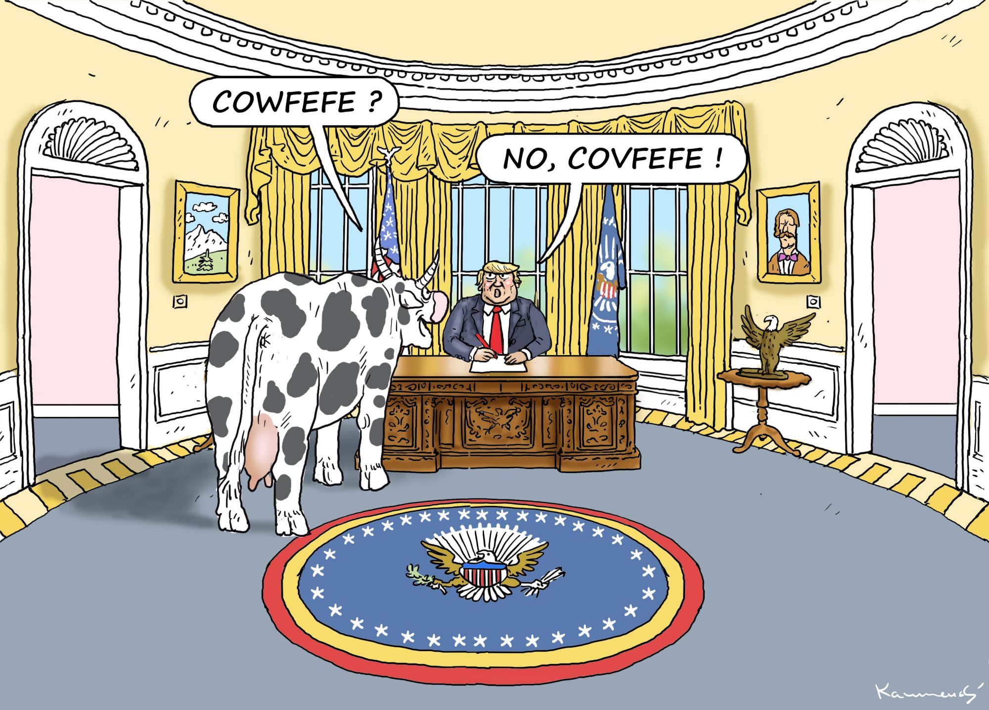 Editorial cartoon: Cowfefe? No, covfefe!