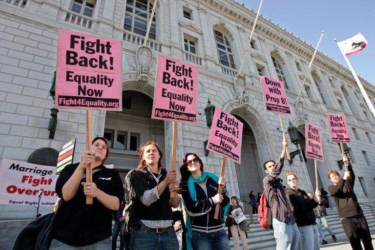 Demonstrators protest in favor of marriage rights for gay couples. (AP/Paul Sakuma)