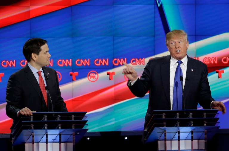 Republican presidential front-runner Donald Trump has found a nickname for Sen. Marco Rubio: Mr. Meltdown. (AP Photo/David J. Phillip)