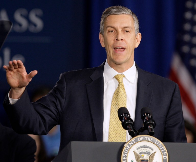   FILE - In this Jan. 12, 2012 file photo, Education Secretary Arne Duncan speaks at Lincoln High School in Gahanna, Ohio. School for thousands of public school students is about to get quite a bit longer. Five states announced Monday, Dec. 3, 2012, they will add at least 300 hours of learning time to the calendar in some schools starting in 2013. (AP Photo/Jay LaPrete, File)  