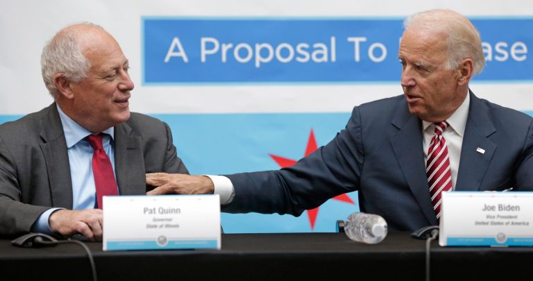 Illinois Gov. Pat Quinn, left, and Vice President Joe Biden talk after participating in a roundtable discussion with small business owners to highlight the importance of raising the minimum wage, Monday, in Chicago. (AP Photo/M. Spencer Green)