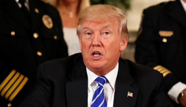 President Trump criticized his own Justice Department Monday over his blocked travel ban that his administration has asked the Supreme Court to reinstate. (AP Photo/Alex Brandon)