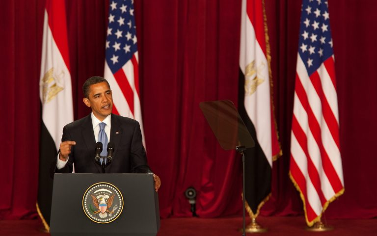 President Obama makes his key Middle East speech at Cairo University June 4, 2009 in Cairo, Egypt. In his speech, President Obama called for a 