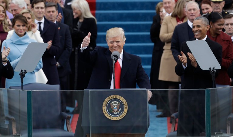 President Trump gives a thumbs after being sworn in as the 45th president of the United States. (AP Photo/Patrick Semansky)