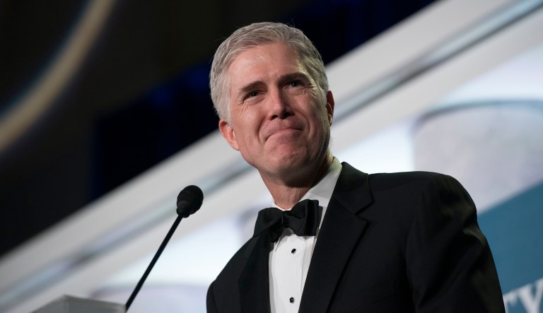 Supreme Court Associate Justice Neil Gorsuch spoke at the Federalist Society's 2017 National Lawyers Convention in Washington Thursday night. (AP Photo/Sait Serkan Gurbuz)