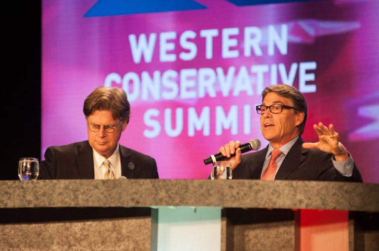 Rick Perry, right, speaks with Byron York during the Western Conservative Summit at the Colorado Convention Center on June 27, 2015 in Denver. (Photo by Theo Stroomer/Getty Images)
