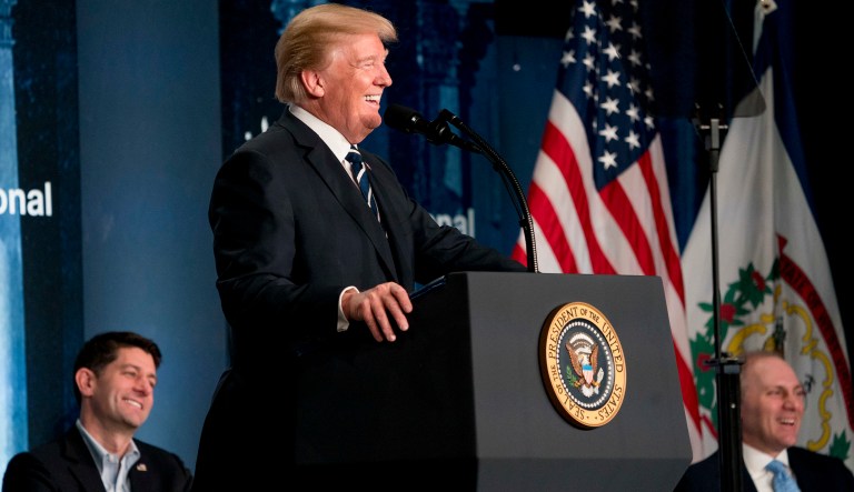 President Trump addressed the GOP on the first day that the Republican-passed tax cuts take effect and will show up as extra money in the paychecks of most workers. (AP Photo/Andrew Harnik)