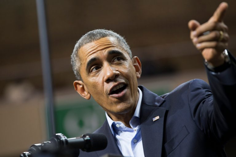 President Obama delivers remarks during a campaign rally for Gov. Pat Quinn, D-Ill., at Chicago State University on Sunday, Oct. 19, 2014, in Chicago. (AP Photo/Evan Vucci)