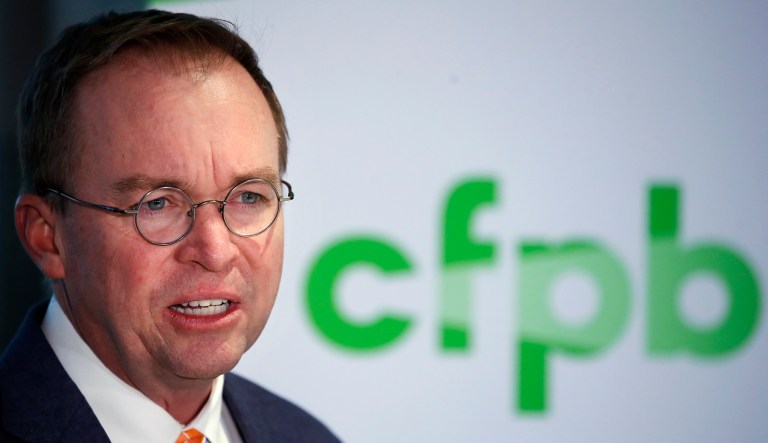 Mick Mulvaney speaks during a news conference after his first day as acting director of the Consumer Financial Protection Bureau in Washington, Monday, Nov. 27, 2017.