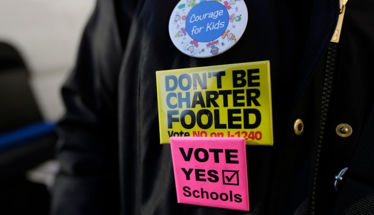 A protester wears buttons opposing charter schools and supporting public schools during a protest, Friday, Oct. 13, 2017, outside the hotel where U.S. Education Secretary Betsy DeVos was scheduled to speak later in the evening in Bellevue, Wash.