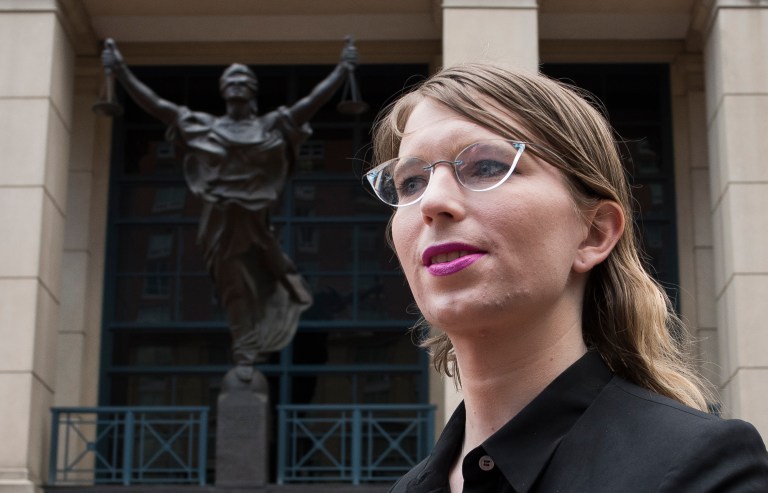 Former Army intelligence analyst Chelsea Manning speaks with reporters, after arriving at the Federal Court, in Alexandria, Va., Thursday, May 16, 2019. Manning is at the Court to appear before a Grand Jury investigating WikiLeaks.