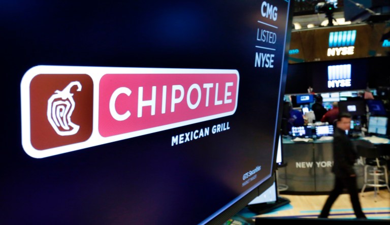 The logo for Chipotle appears above a trading post on the floor of the New York Stock Exchange, Monday, April 23, 2018.