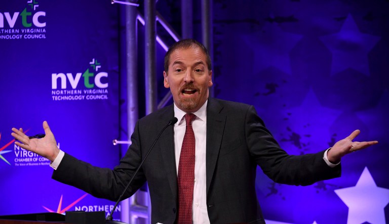 Moderator Chuck Todd introduces U.S. Sen. Tim Kaine, D-Va., and Republican Corey Stewart at the start of a Virginia senatorial debate, Wednesday, Sept. 26, 2018, at Capital One headquarters, in McLean, Va.
